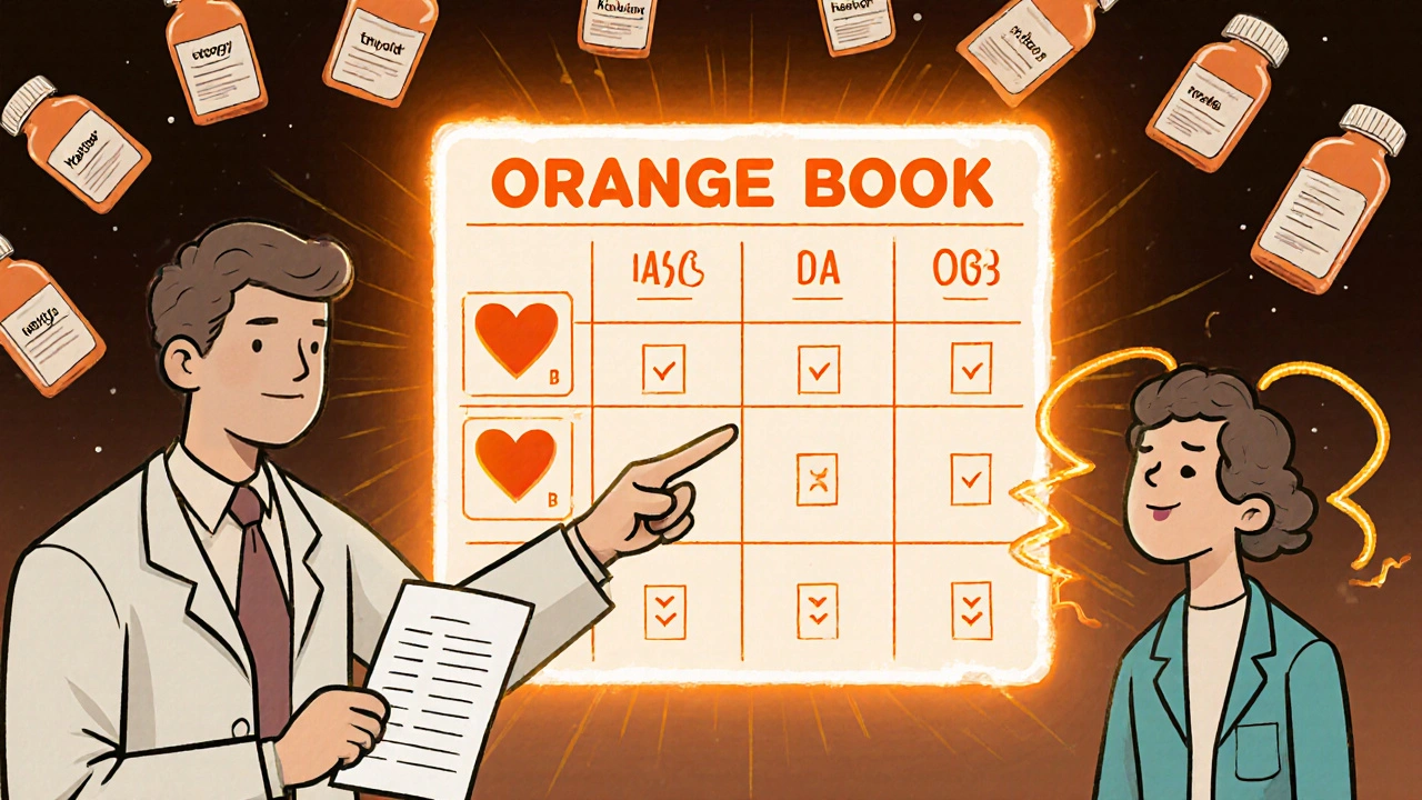 A pharmacist explaining the Orange Book&#039;s AB and B ratings to a patient using a glowing chart.