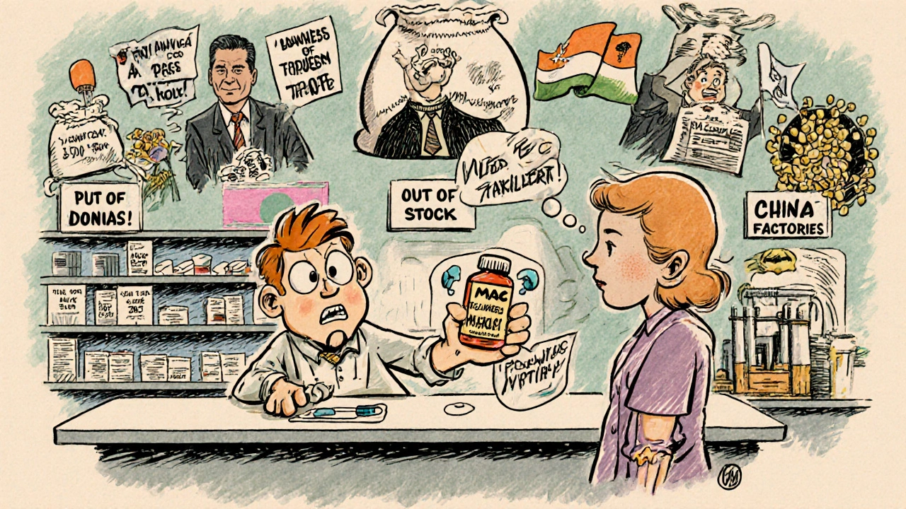 A pharmacist hands a pill to a patient while giant PBMs and wholesalers loom behind, with empty shelves and a MAC sign in a vintage cartoon style.