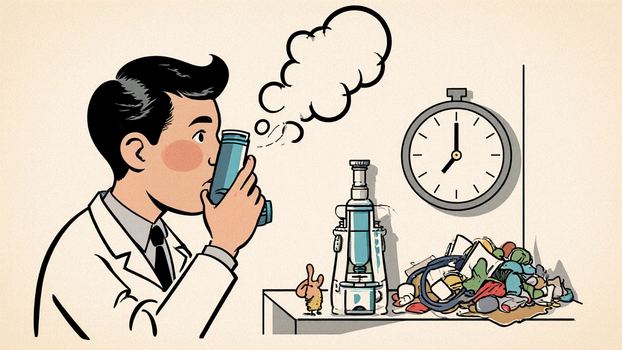 An adult using an inhaler with a spacer, medicine puff entering lungs, clock shows 3 minutes, vintage cartoon style.