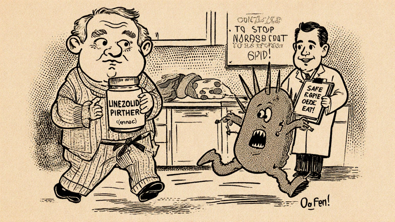 An elderly man holds linezolid as a comical serotonin monster runs away, with safe foods on the counter in background.