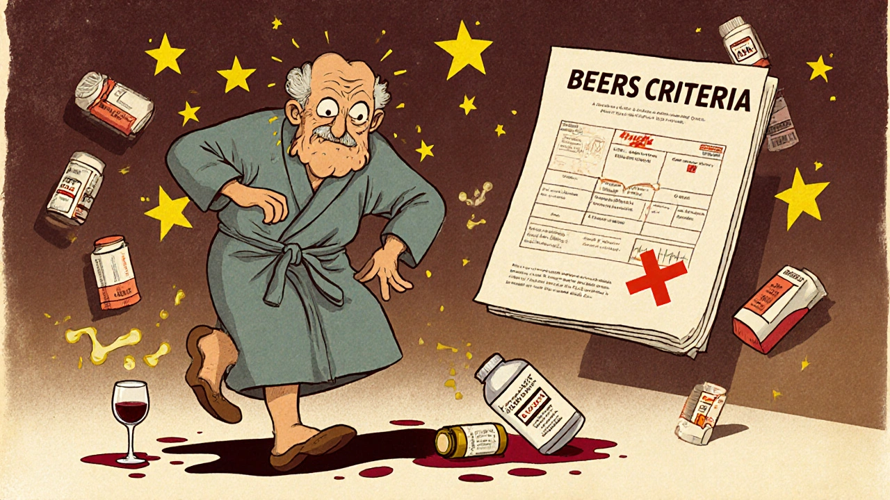 An elderly man tripping over alcohol and sleep pills, with stars spinning around his head.