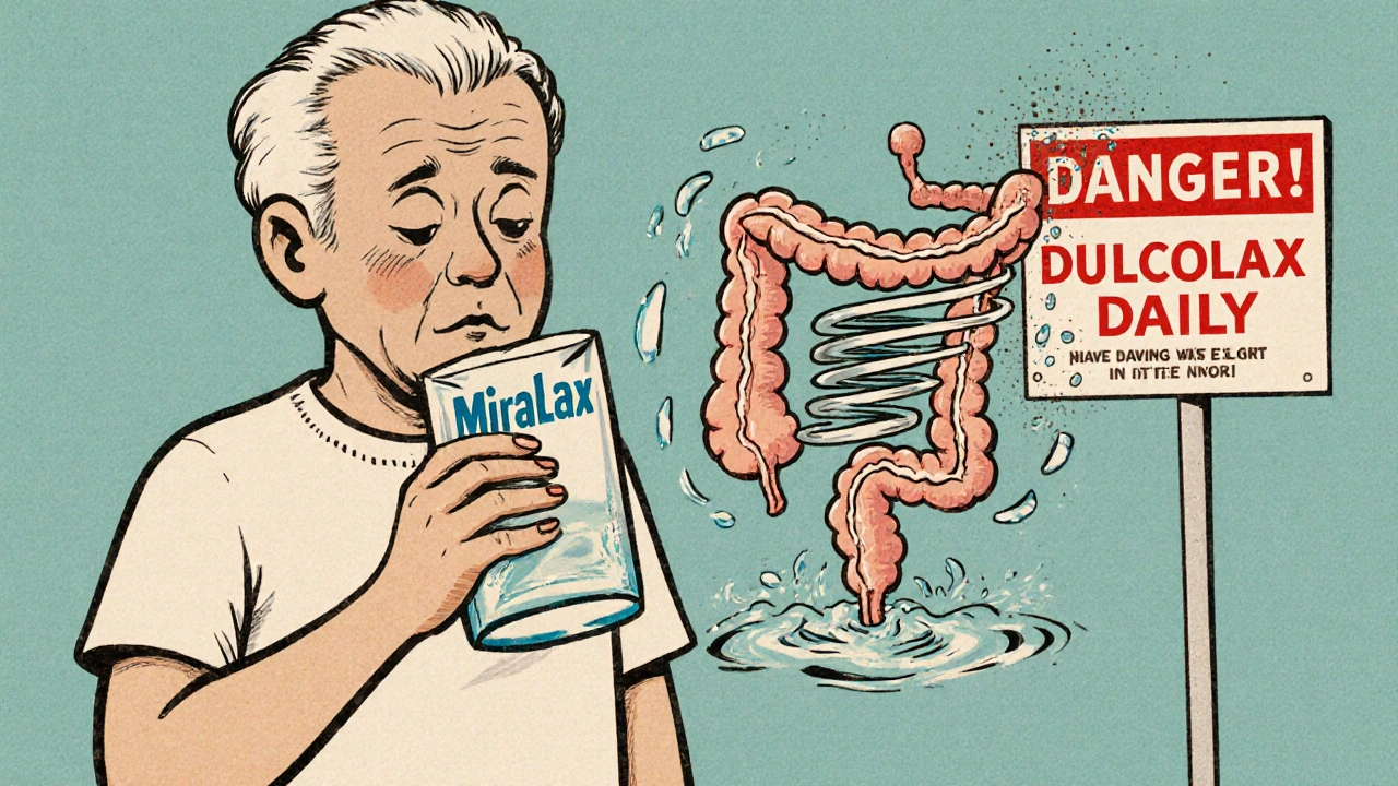 An elderly person using MiraLax with a happy colon, while risky laxatives crumble away in the background.