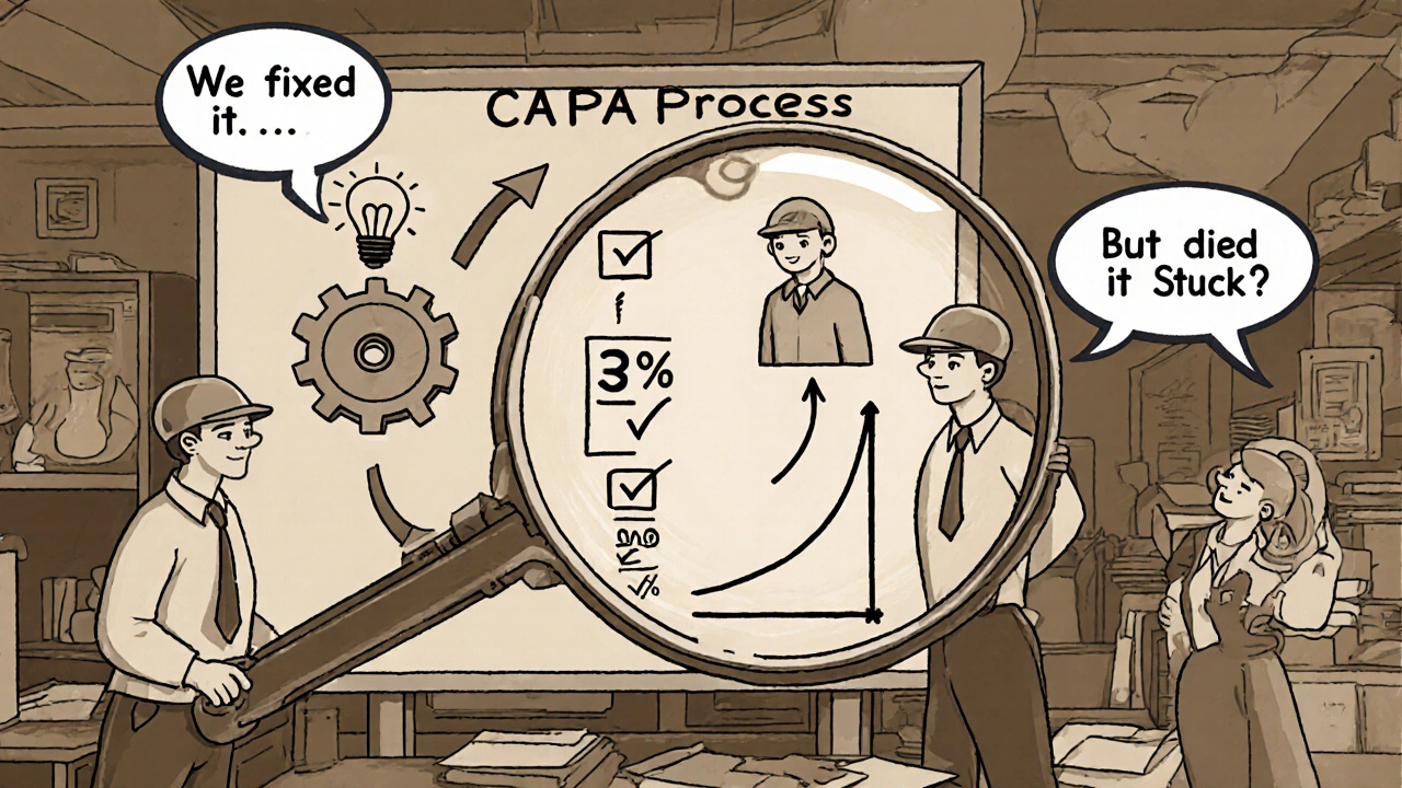 Cartoon team analyzing CAPA flowchart with a graph showing defect rate dropping dramatically.