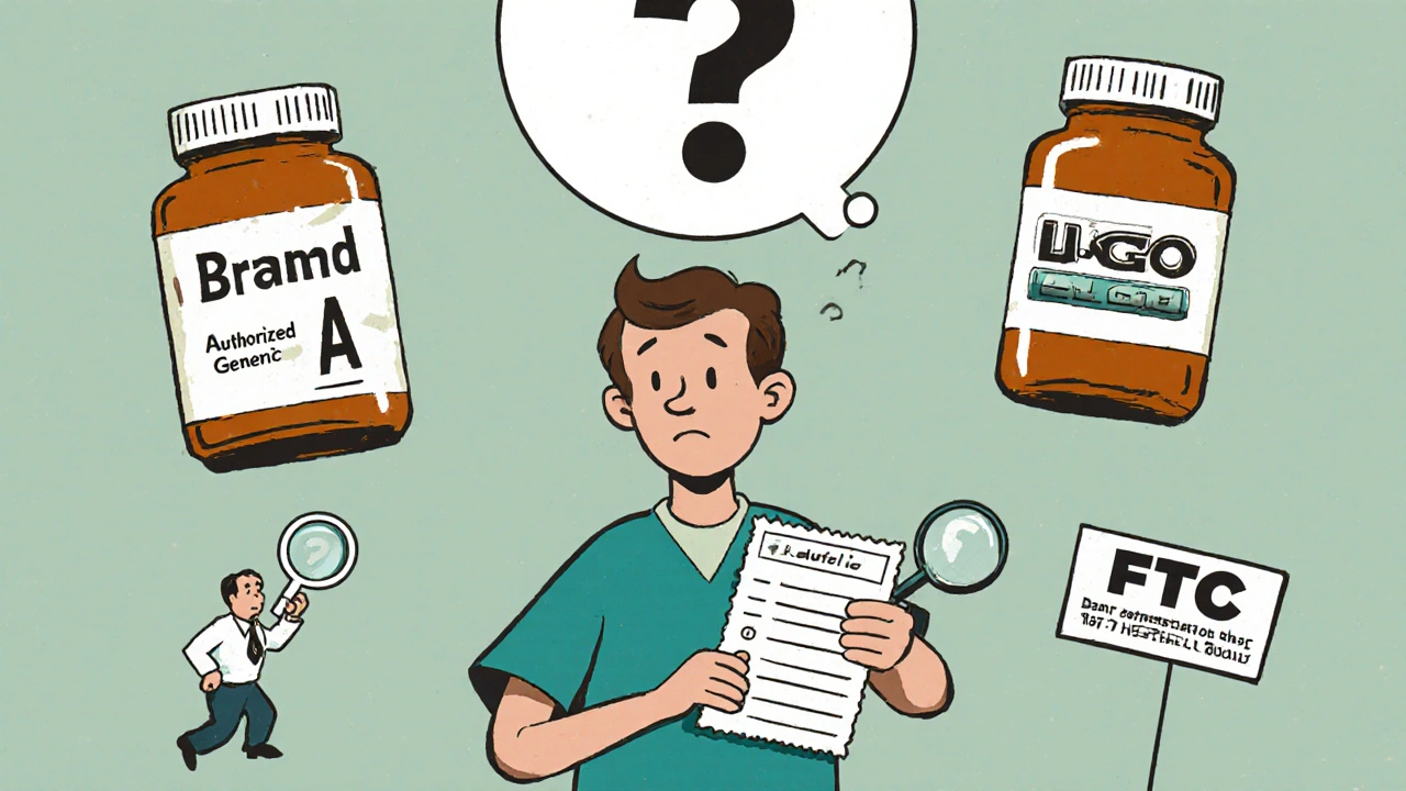 Confused patient surrounded by pill bottles, with magnifying glass revealing hidden brand logo on authorized generic