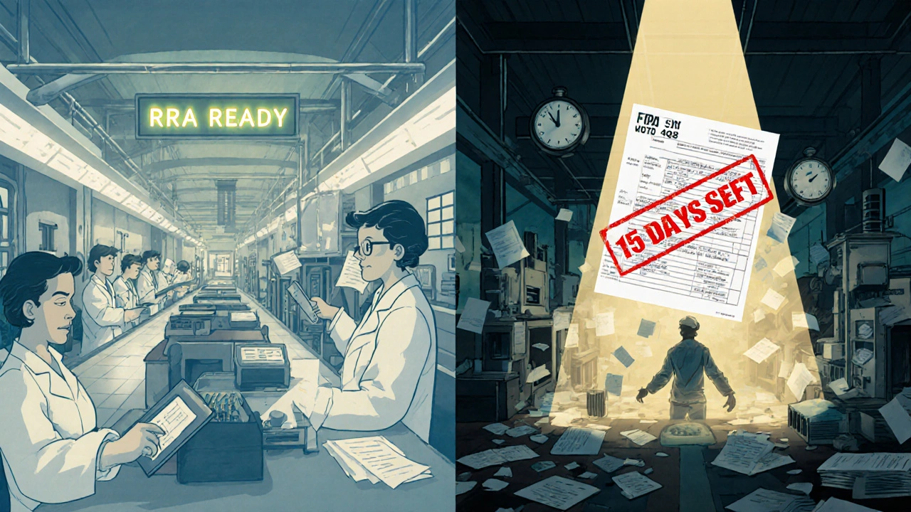 Contrasting factory scenes: one organized with digital logs, the other chaotic with backdated papers and a looming inspection notice.
