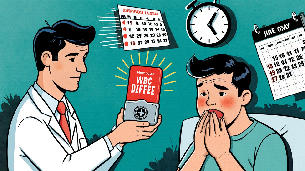 Doctor uses portable device to detect low white blood cells while patient shows fever symptoms and missed test dates fly away.