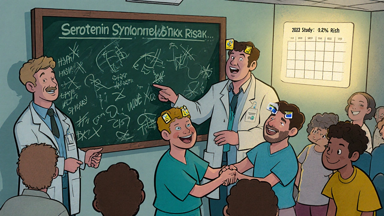 Doctors erase fear from a chalkboard while a small study chart glows, patients smile beside icons of safe drug combinations.