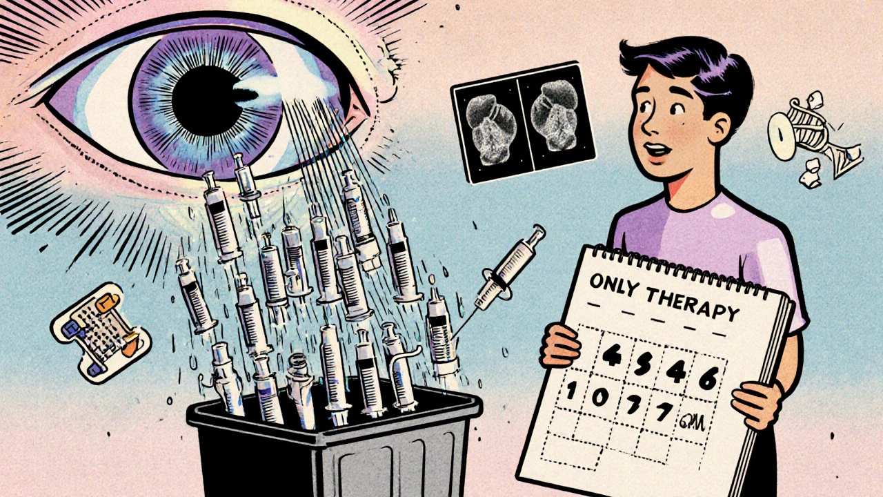 Futuristic eye implant replacing monthly shots, with falling syringes in trash bin.