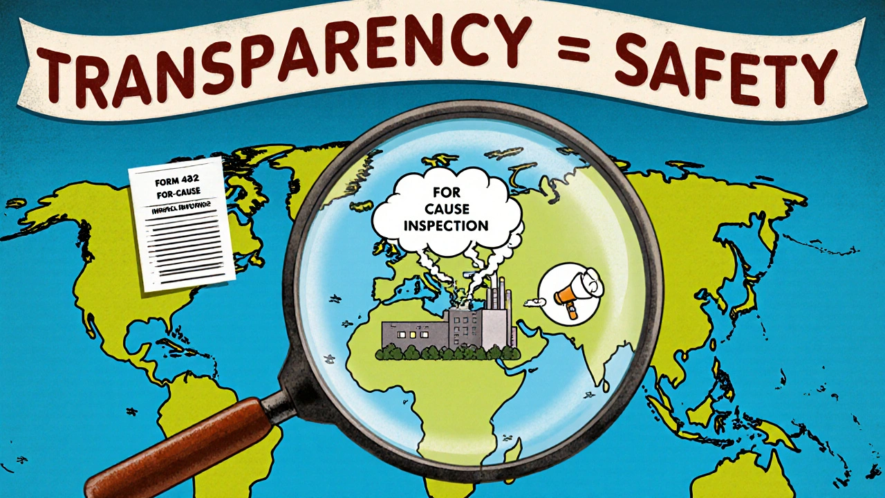 Giant magnifying glass over global factories, showing inspection types as smoke signals and data streams.