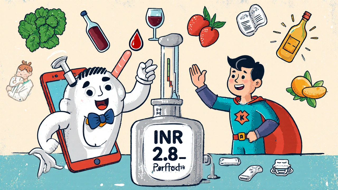 Home INR testing device showing a perfect result, with food and meds being chased away by a vitamin K superhero cape.