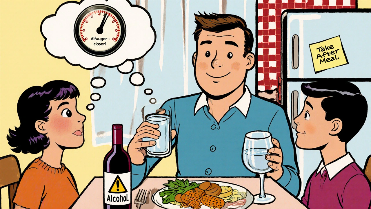 Man at dinner avoiding alcohol, with cartoon blood pressure gauge warning next to medication.