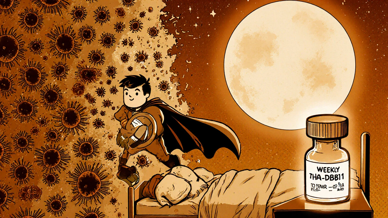 Neutrophil superhero fights bacteria as genetic test glows and weekly blood test moon shines overhead.