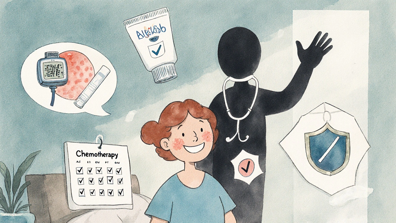 Patient at home with health icons as chemotherapy fades away, shown in nostalgic cartoon style