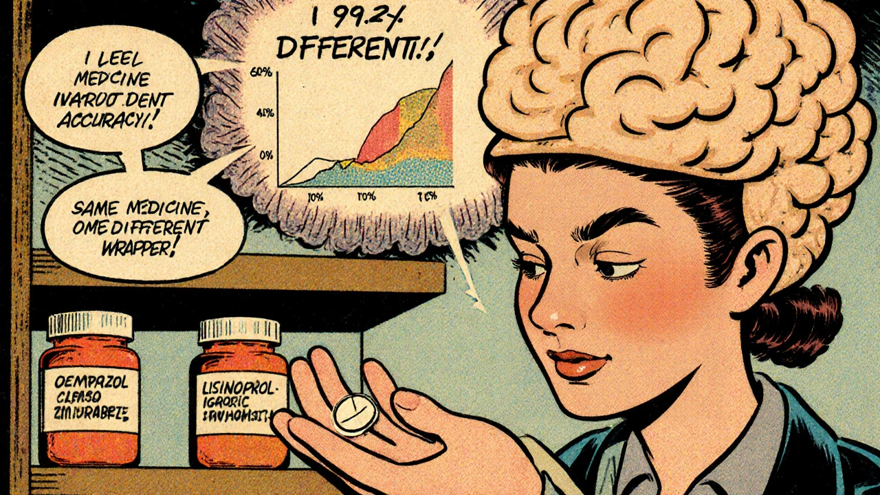 Patient holding a small generic pill while a brain shows high accuracy of active ingredient.