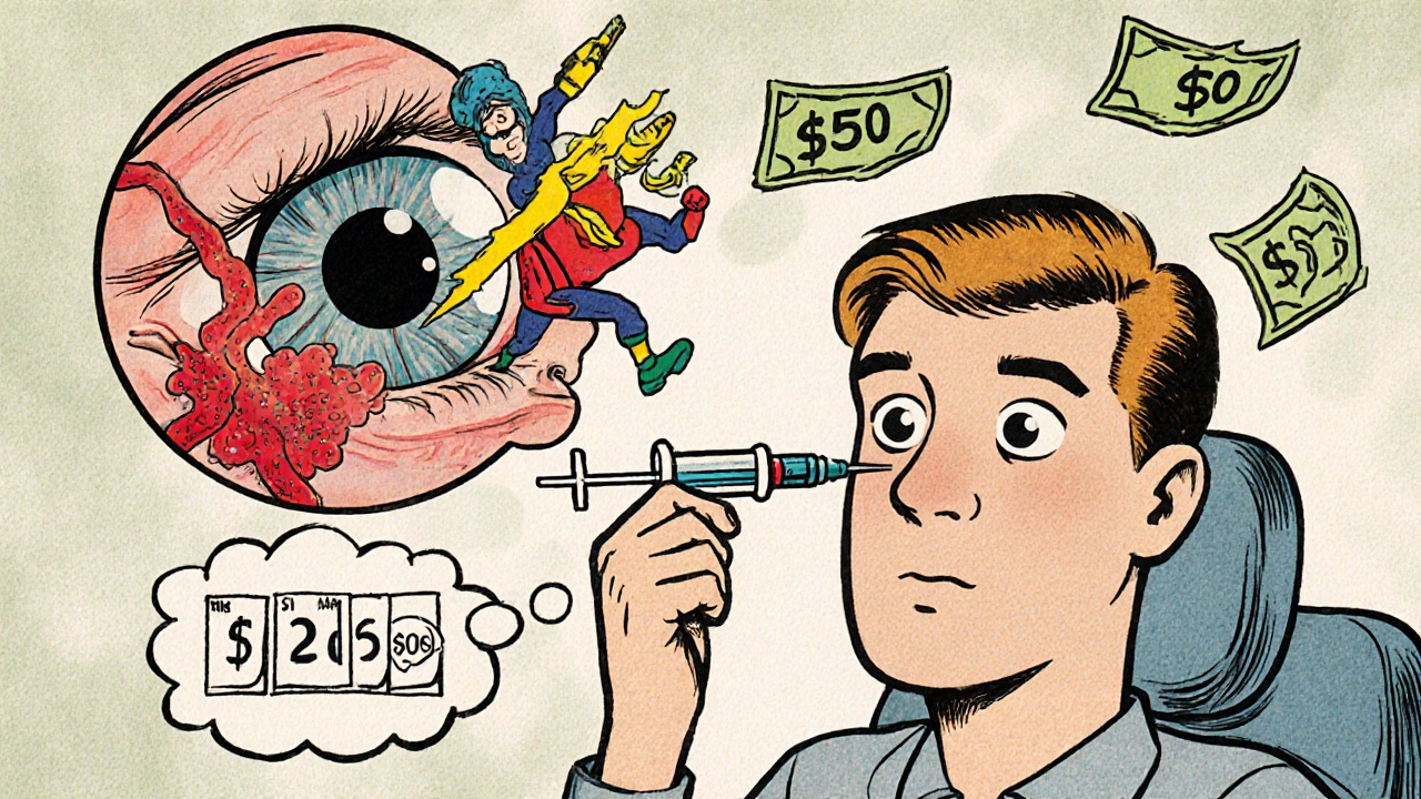 Patient receiving eye injection with cartoon drugs fighting retinal blockage and price tags visible.