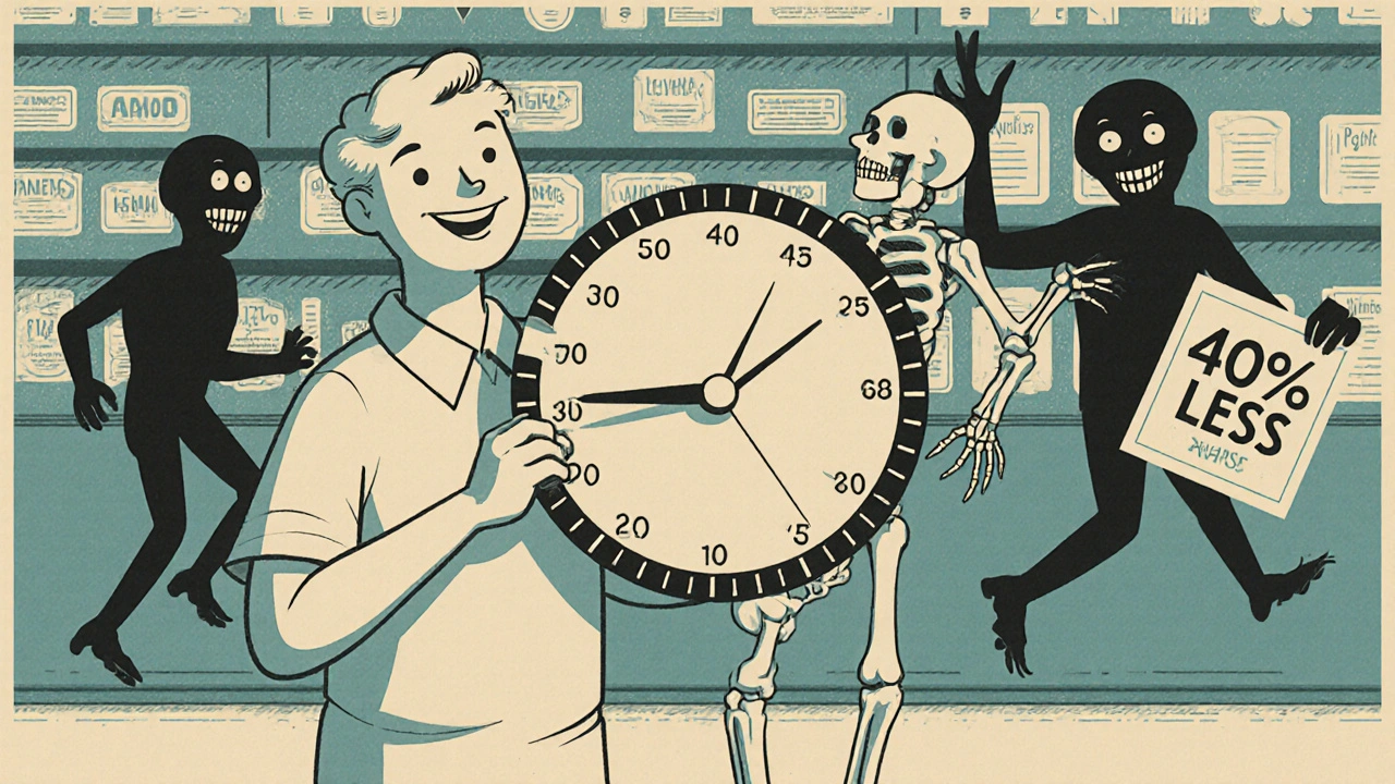 Patient uses timing wheel as happy bone skeleton dances, villains fleeing with failed absorption signs.