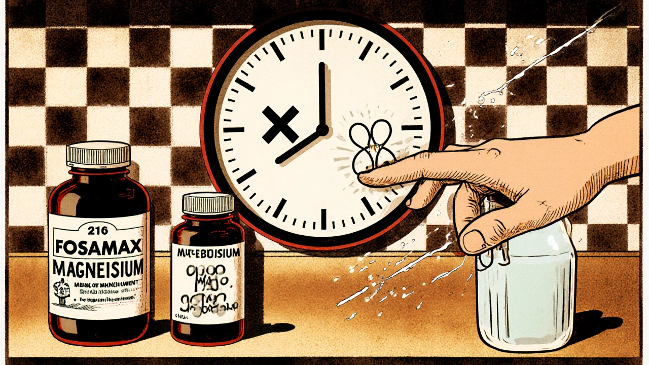 Retro cartoon kitchen counter with pills and clock showing two-hour gap between medications.