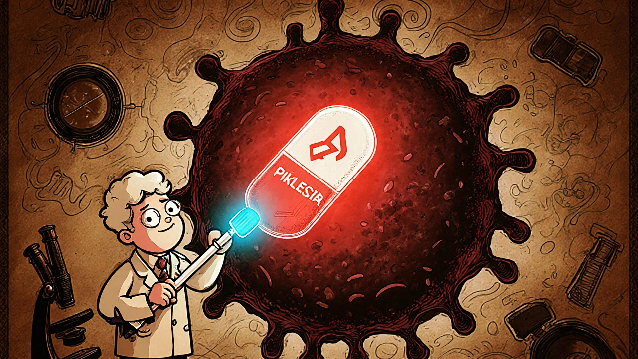 Scientist injecting Alpelisib pill into mutated cancer cell with glowing shield blocking growth signal