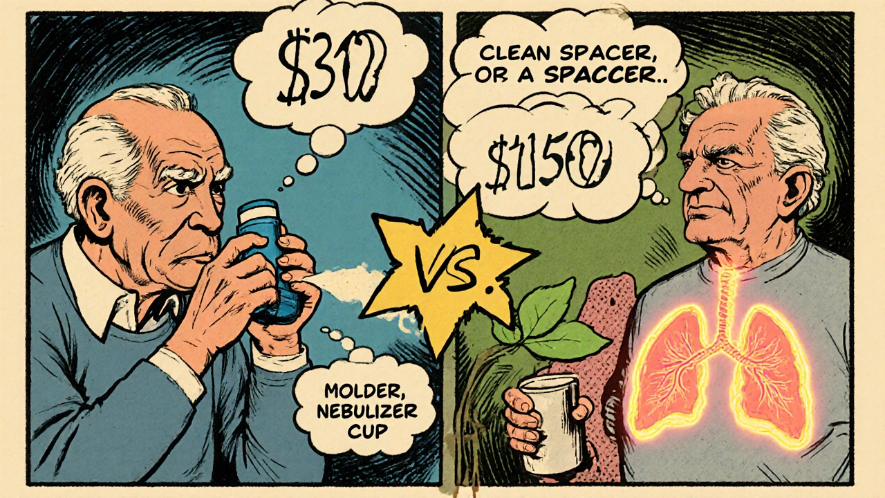 Side-by-side cartoon comparison of incorrect inhaler use vs proper spacer use with cost and health symbols.