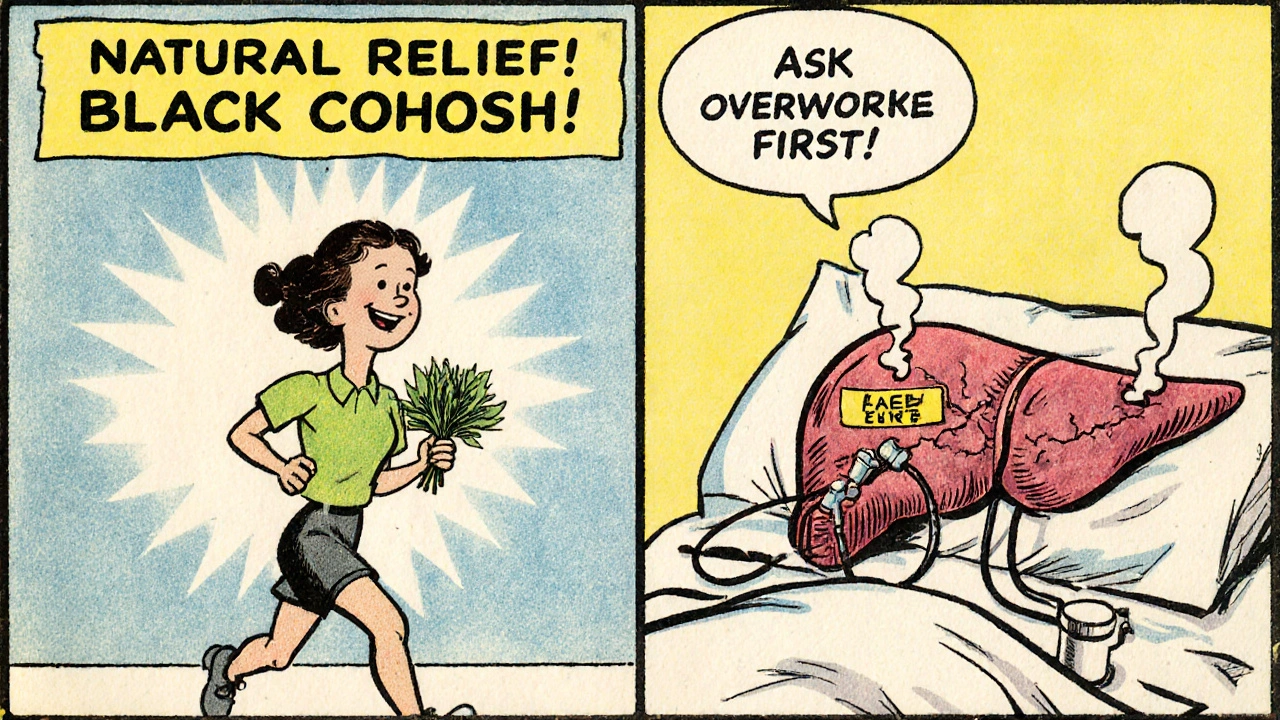 Split cartoon: happy woman with supplement vs. same woman hospitalized with damaged liver.