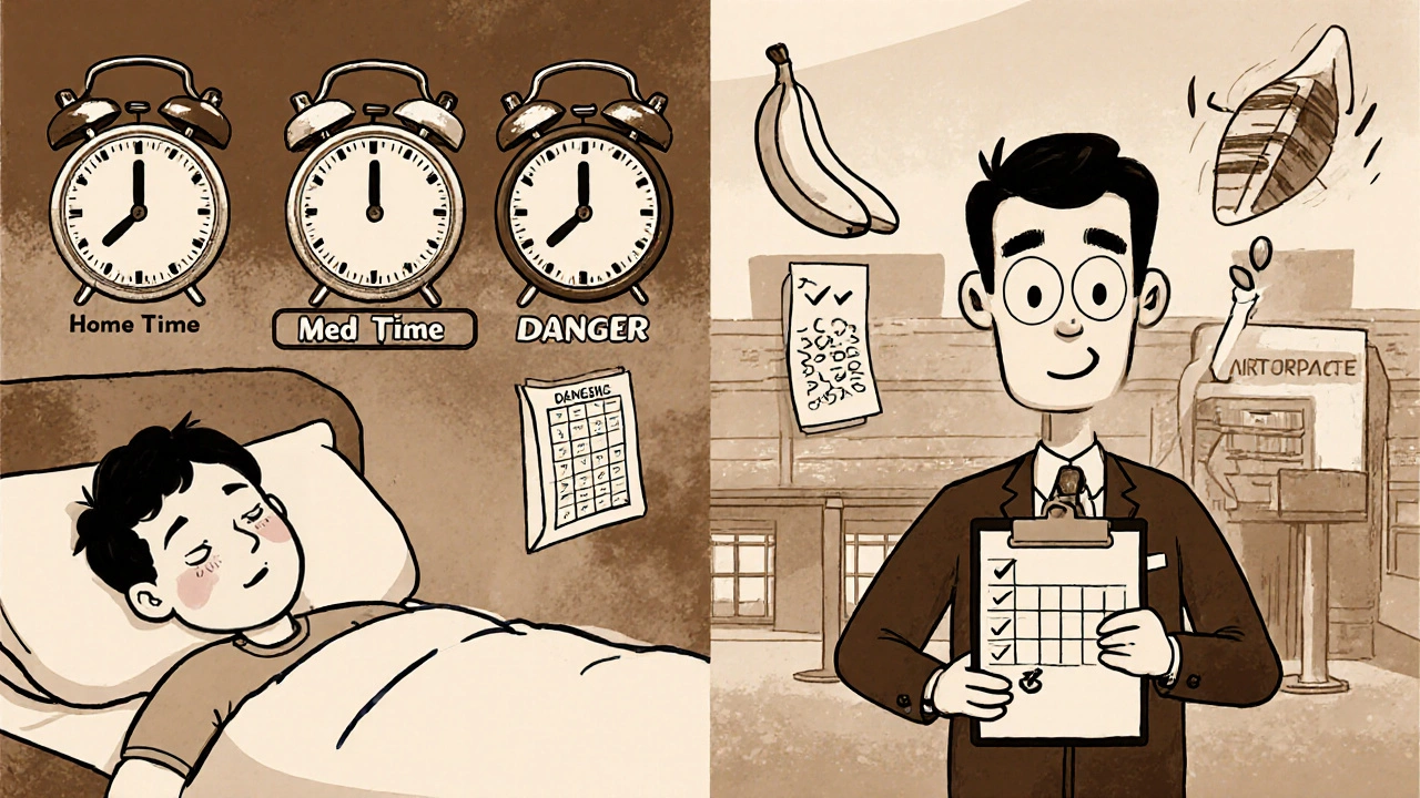 Split cartoon scene: traveler sleeping with alarms vs. awake with printed med schedule and helpful icons.