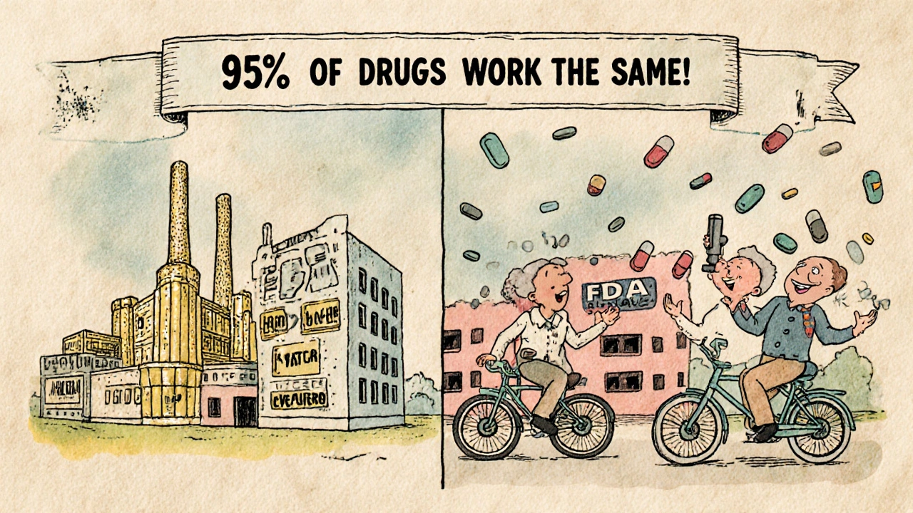 Split scene: luxury brand factory vs. modest generic plant, both making pills for smiling patients.