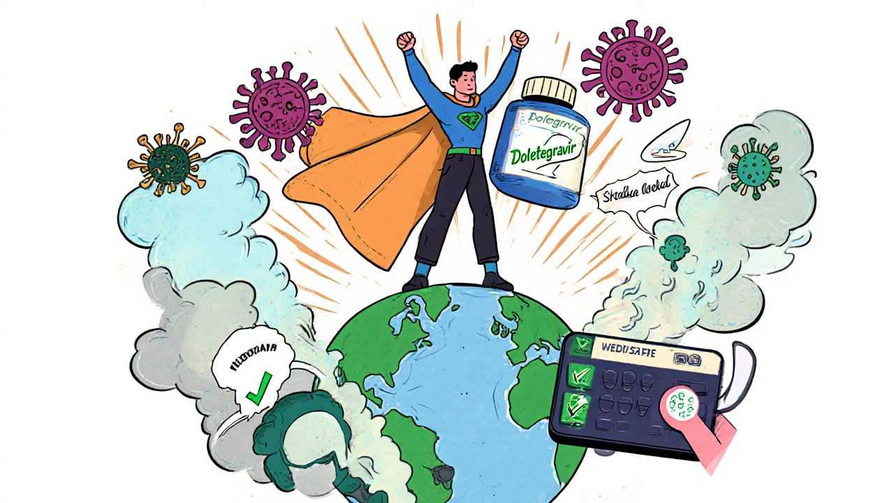 Traveler standing on globe holding pill bottle like a cape, viruses dissolving, with Medisafe app glowing.