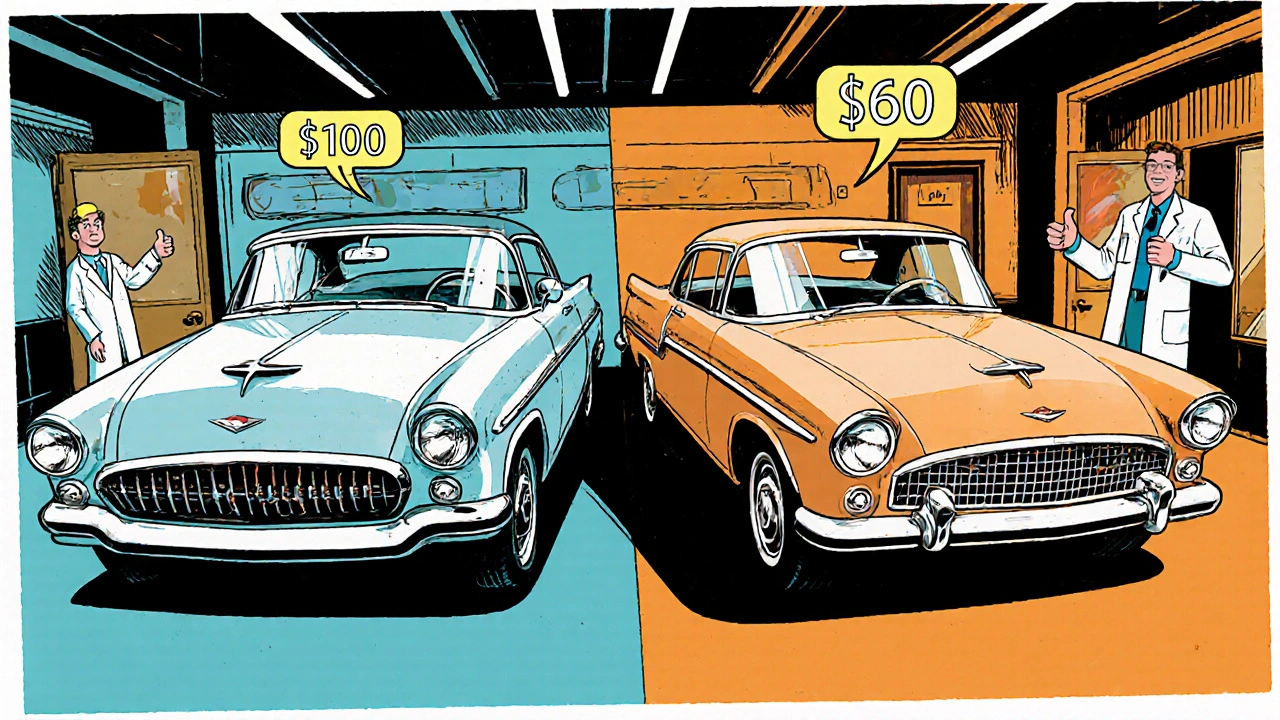 Two identical cars side by side, one with brand logo and higher price tag, the other generic and cheaper