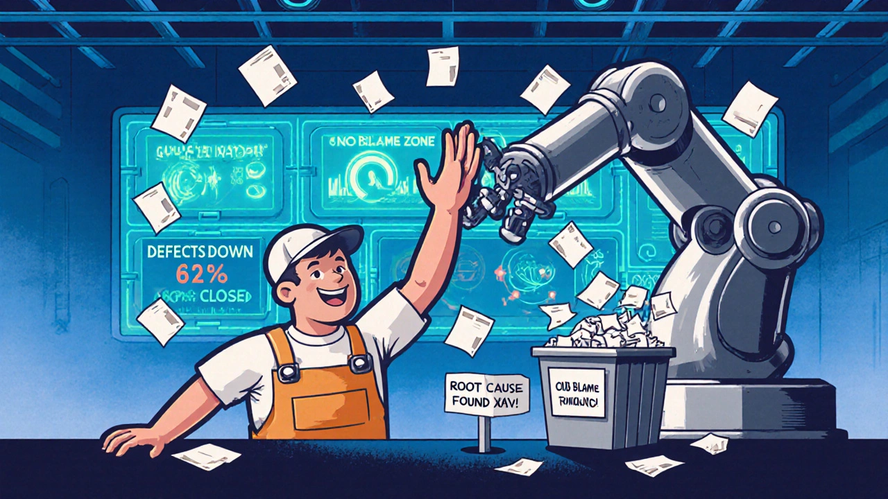 Worker high-fiving robot as digital dashboard shows 62% defect reduction and &#039;No Blame Zone&#039; sign.