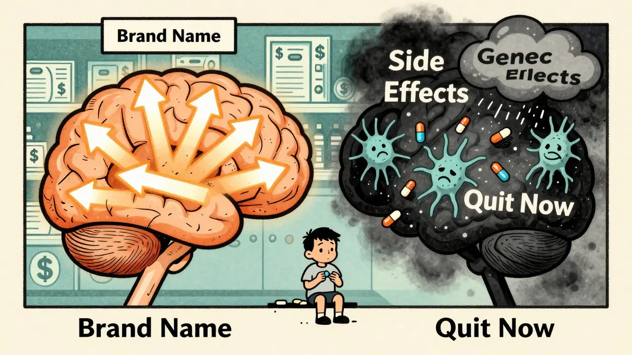 A brain split between brand and generic perceptions, one glowing and calm, the other dark and chaotic.
