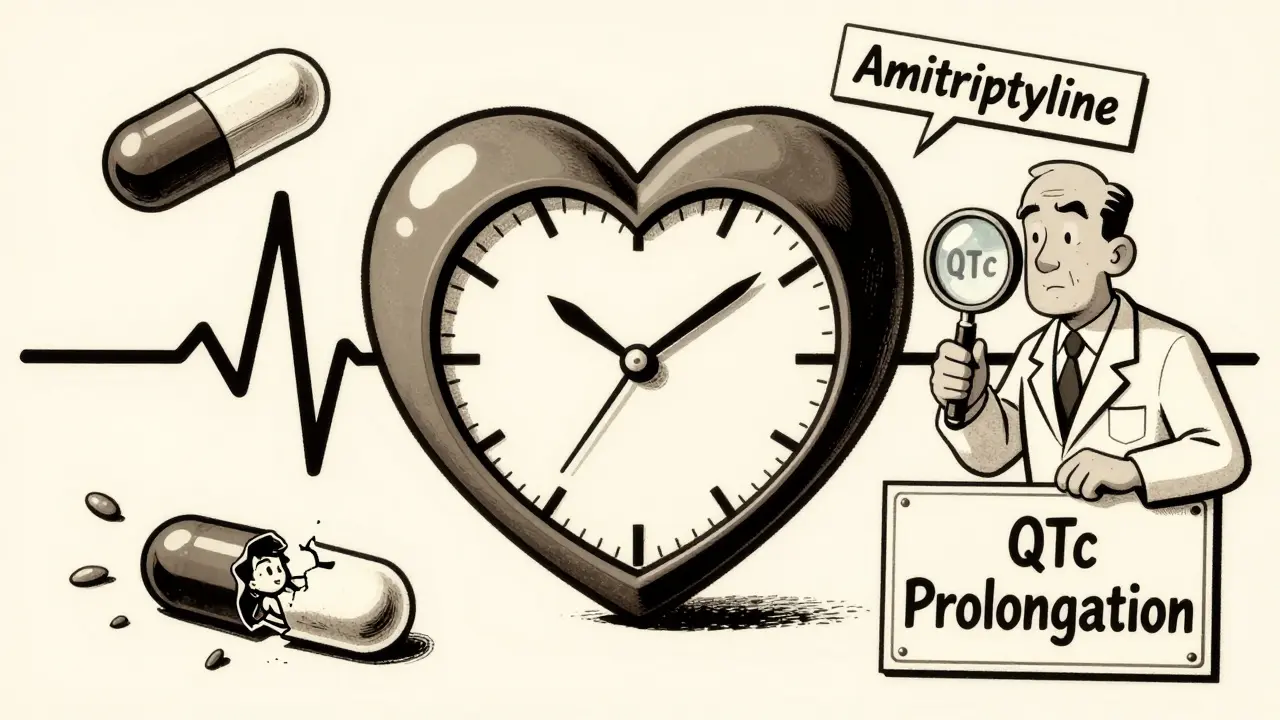 A cartoon heart with an ECG line spiraling dangerously, surrounded by tricyclic antidepressant pills and warning signs.