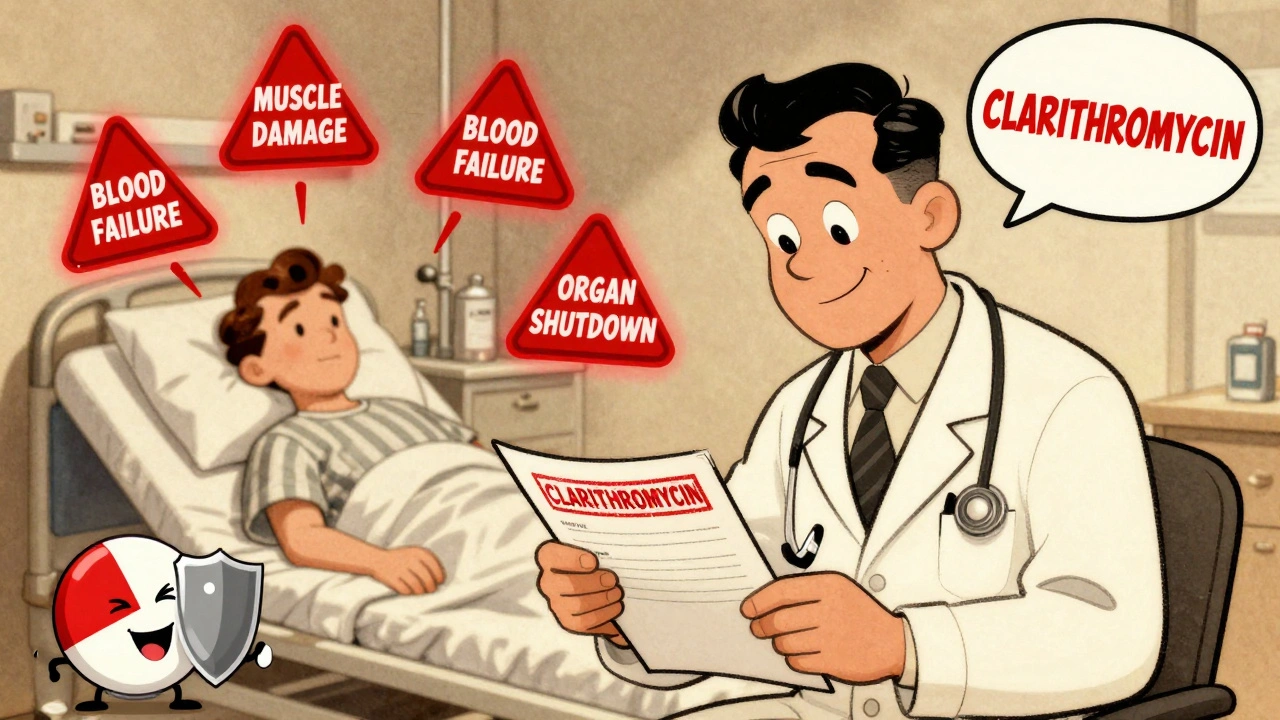 A doctor prescribes clarithromycin while warning signs glow above a patient, with azithromycin smiling safely in the corner.