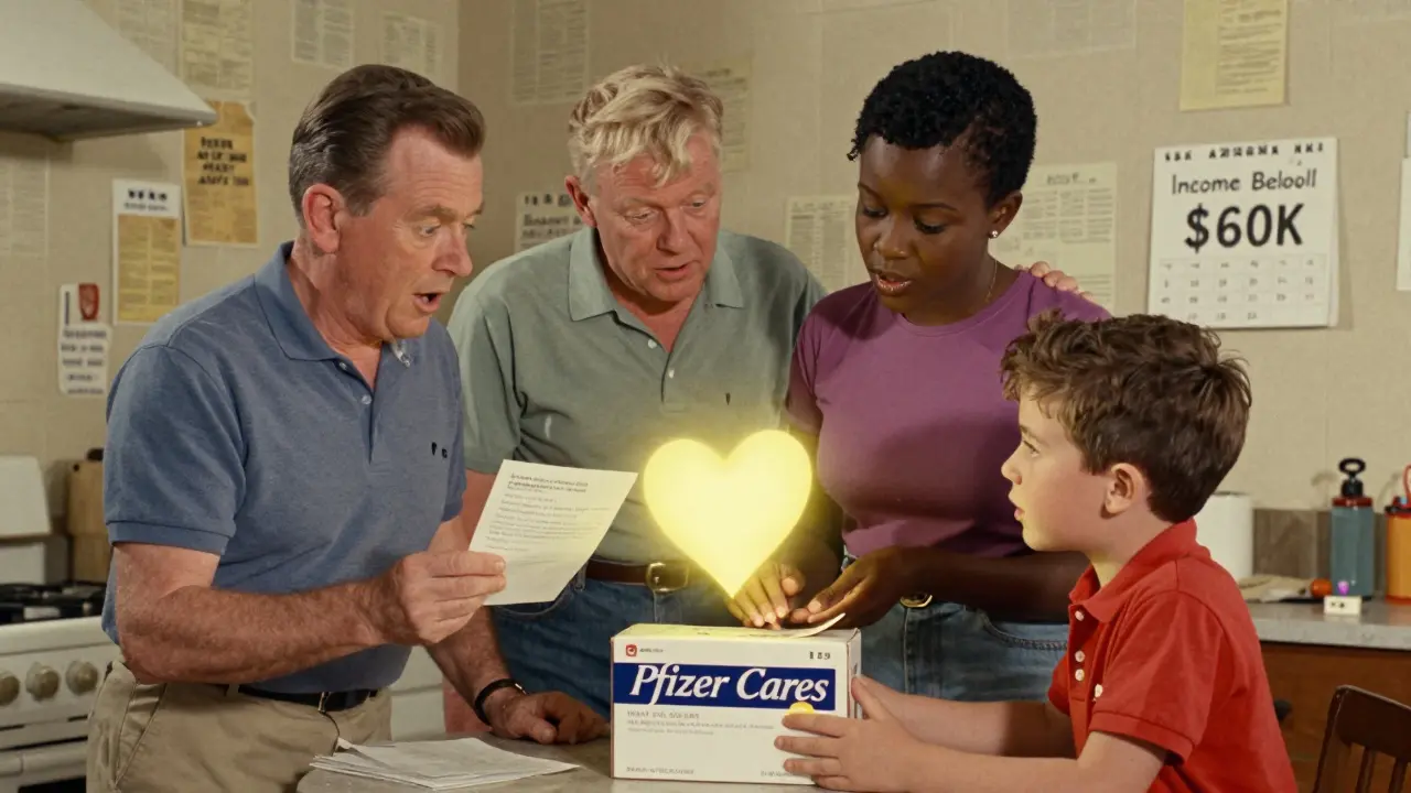 A family receives free medication from a patient assistance program in a modest kitchen, with income documents visible