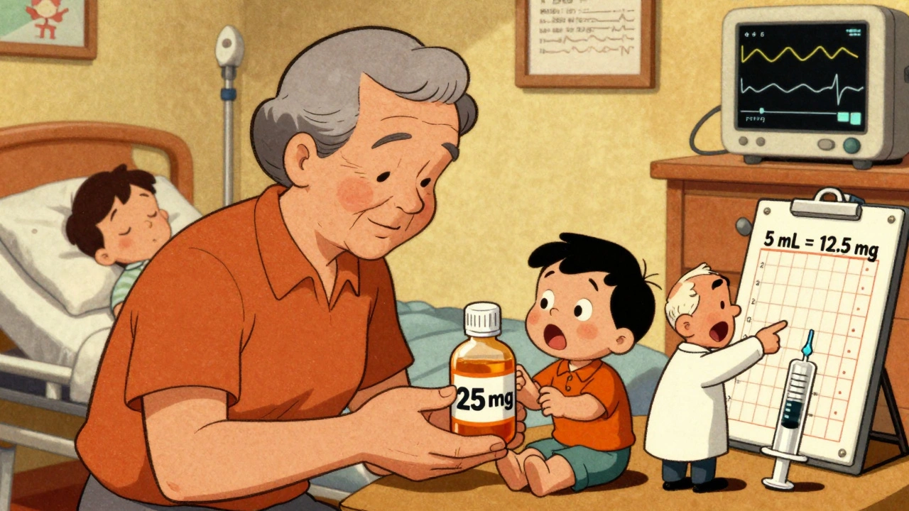 A grandparent giving adult antihistamine to a child while a pediatrician points to a weight chart and syringe, with a hospital bed in the background.