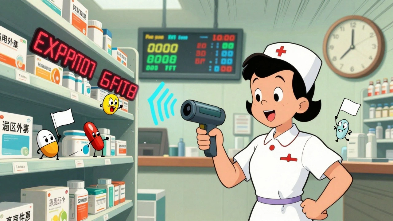 A hospital pharmacy scene with a nurse scanning medications using RFID tech, expiration dates glowing above pills in a retro cartoon style.