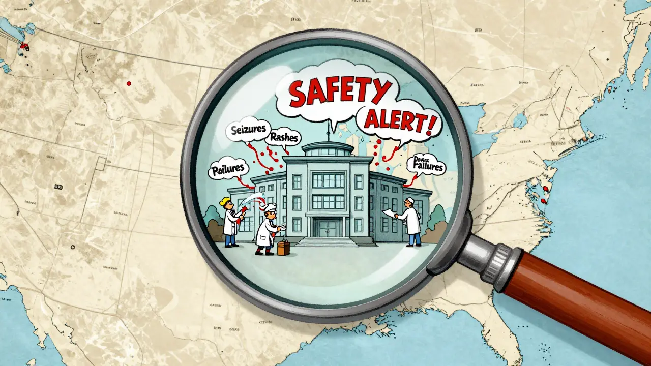 A magnifying glass over a U.S. map showing patient reports flowing to an FDA building.