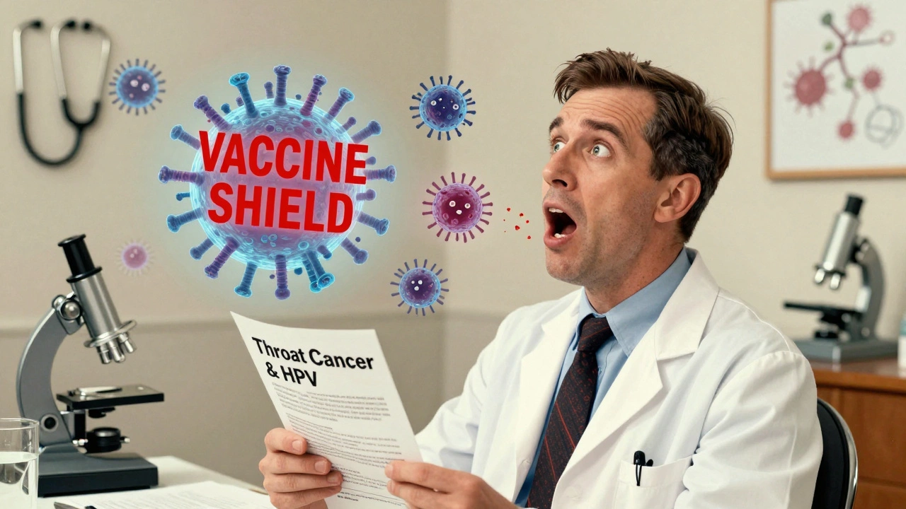 A man realizing HPV can cause throat cancer, with viruses blocked by a vaccine shield.