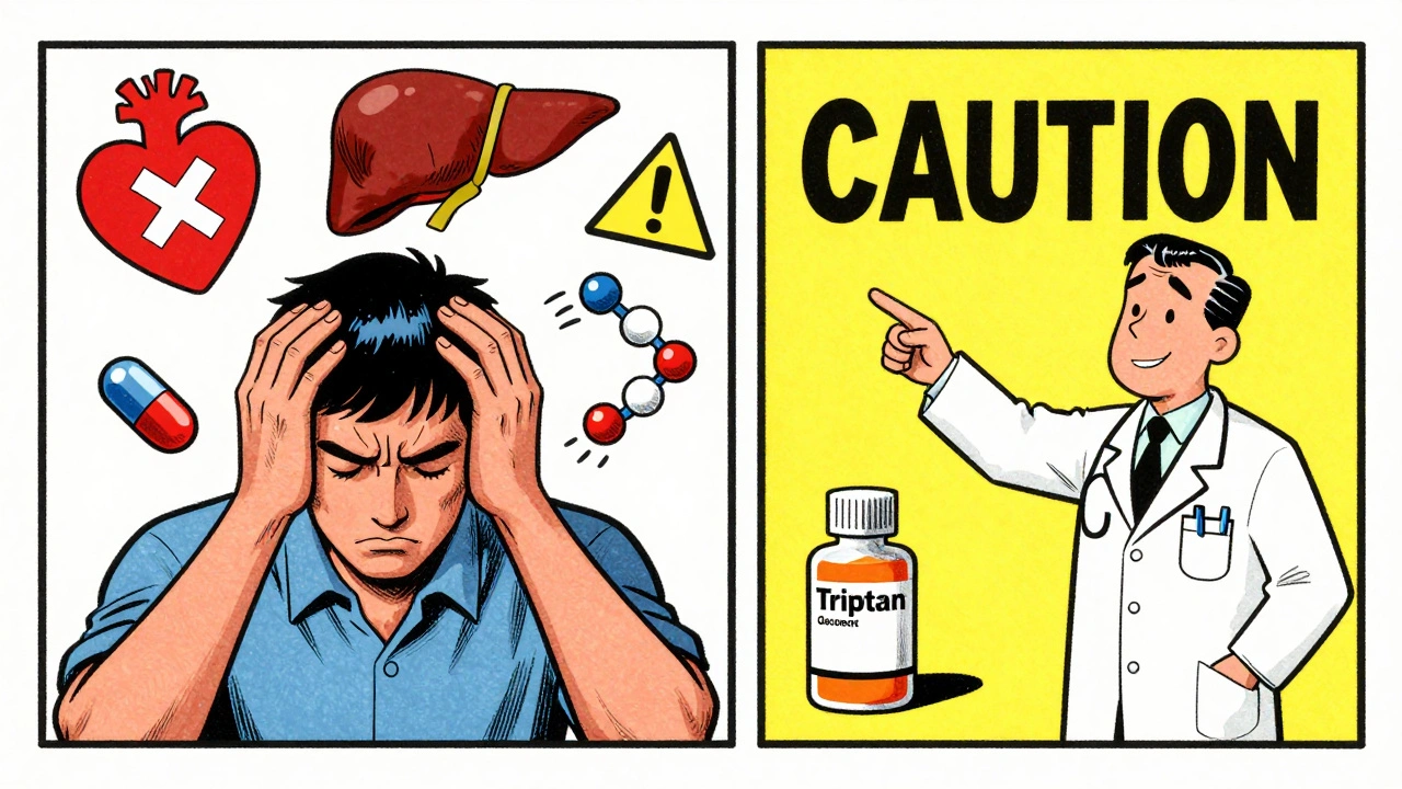 A migraine patient surrounded by warning symbols for heart, liver, and serotonin interactions, with a doctor pointing to caution signs.