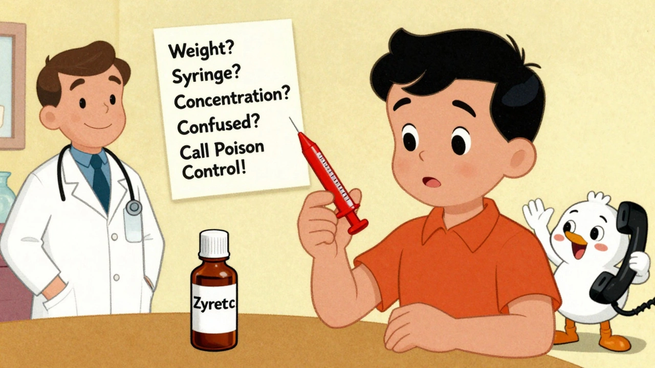 A parent accurately using a dosing syringe with a checklist and helpful cartoon figures nearby, emphasizing safe medication practices.
