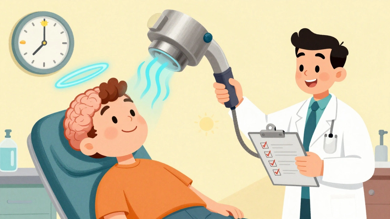 A patient receiving rTMS therapy with gentle energy waves entering the brain, in a friendly clinic setting.