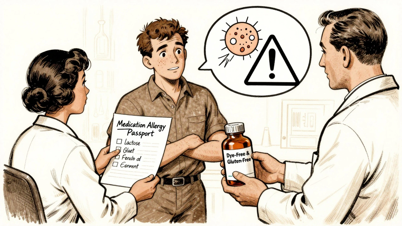 A patient shows a written allergy list to a pharmacist, receiving a special dye-free and gluten-free generic pill bottle.