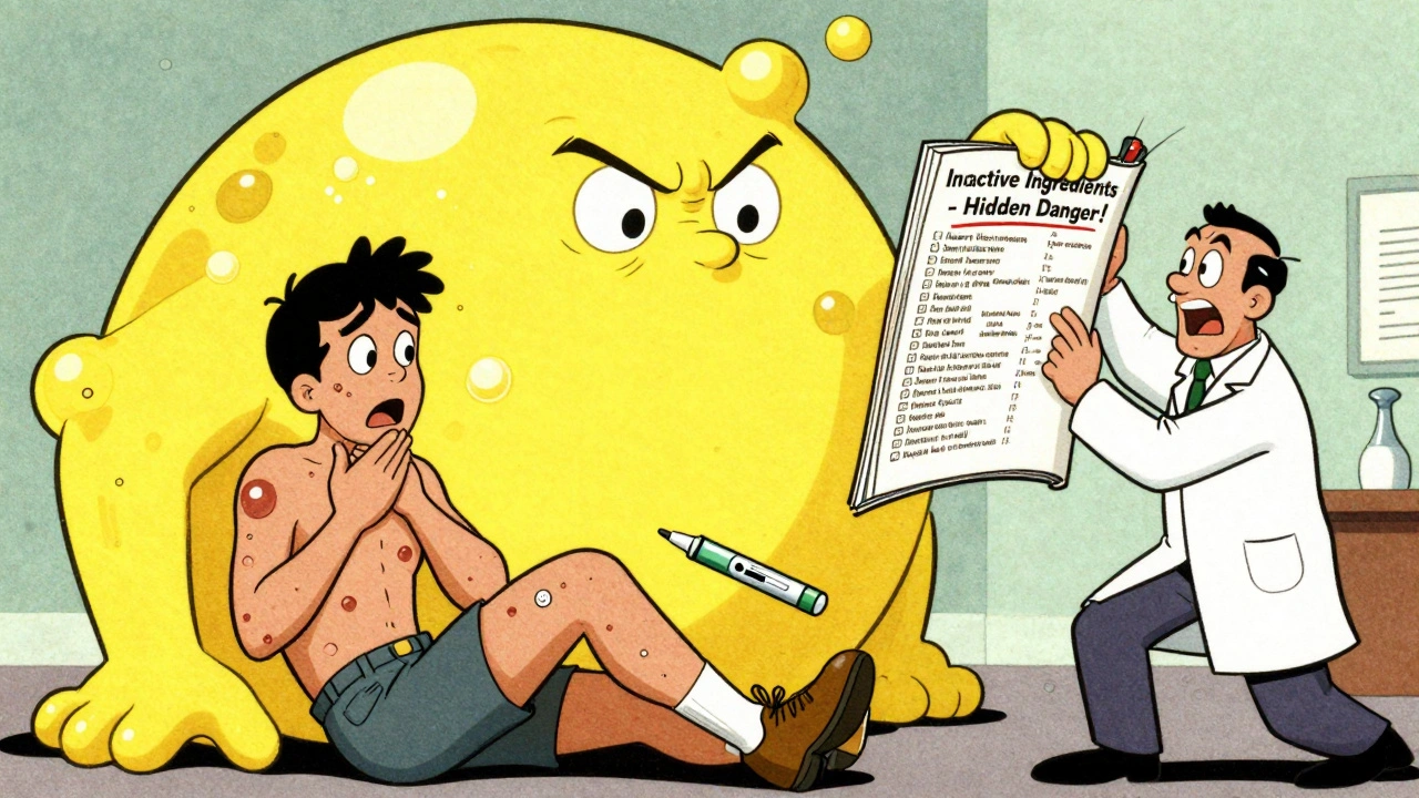 A person clutches their throat as a giant yellow dye molecule looms, hives spread across skin, and an EpiPen flies through the air.