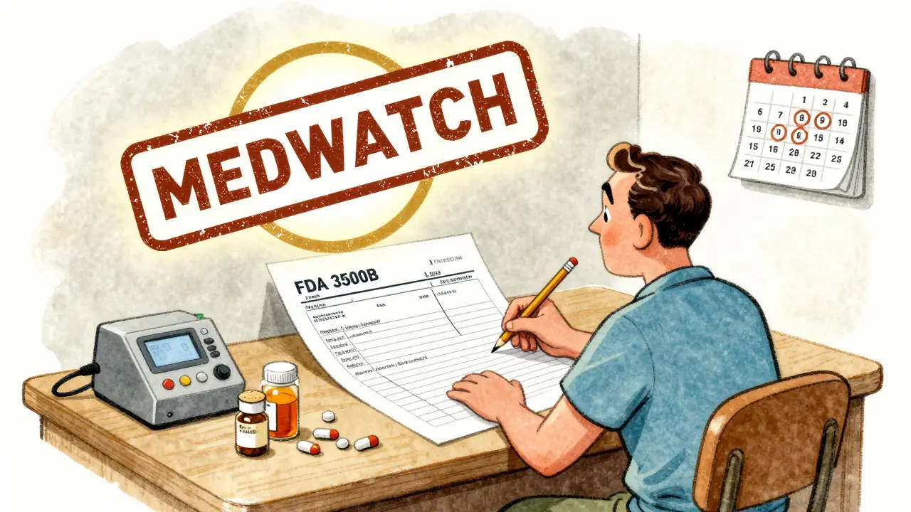 A person filling out a MedWatch form at home with pill bottles and a glowing FDA stamp.