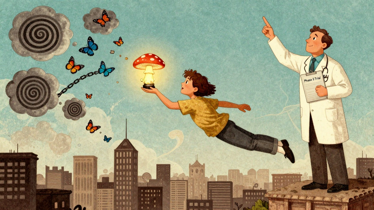 A person floating with a glowing mushroom, negative thoughts turning into butterflies, representing psilocybin therapy.