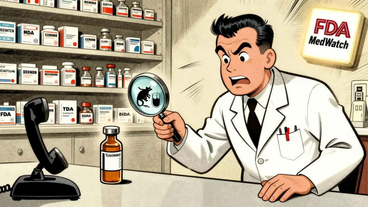 A pharmacist points at a fake insulin vial with hidden toxic symbols, phone showing FDA contact visible.