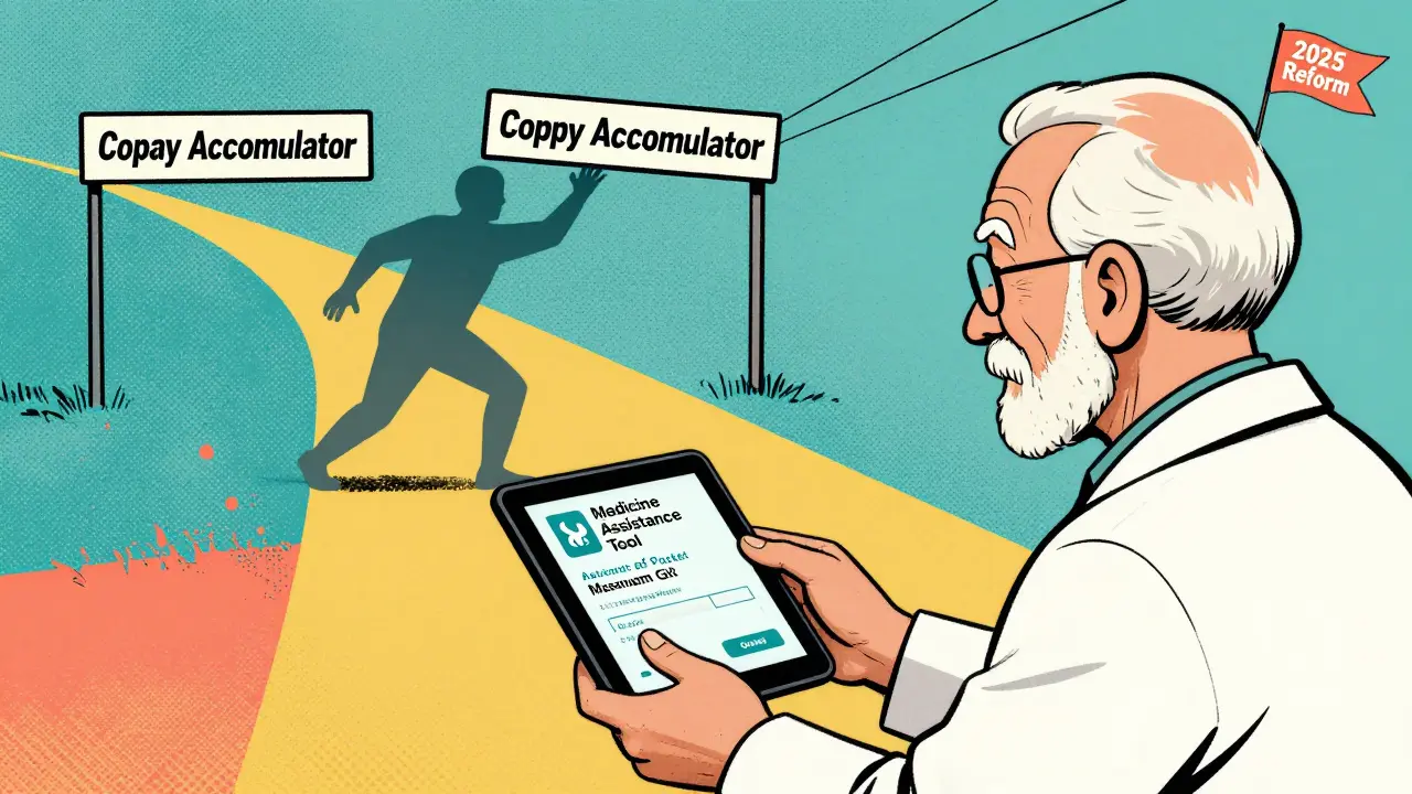 A senior gets medication with digital assistance, while a 'Copay Accumulator' blocks their path to financial relief