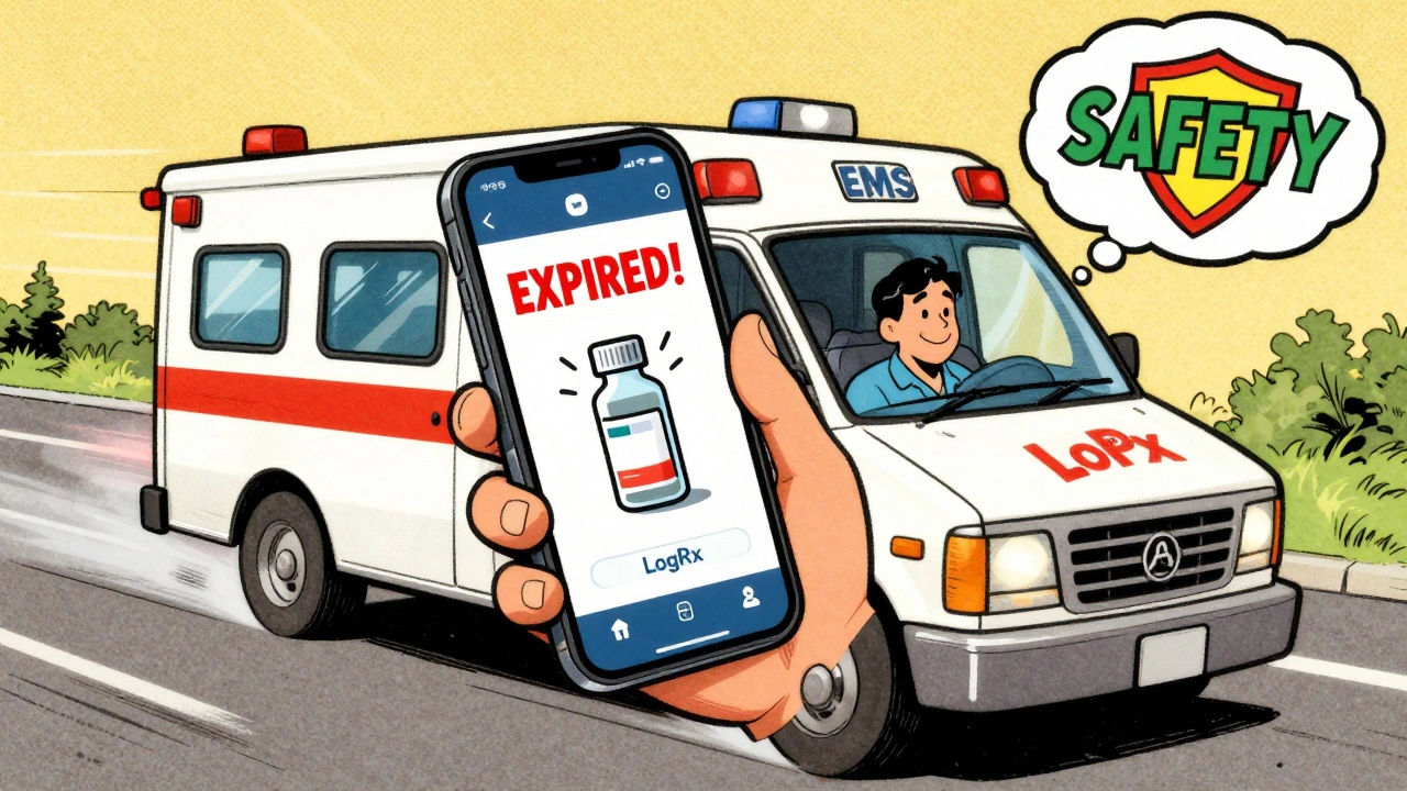An EMS paramedic with a smartphone showing an expired drug alert in a speeding ambulance, cartoon vial panicking as a safety shield blocks it.