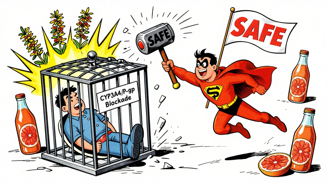 Azithromycin superhero breaks a toxicity cage as colchicine cheers, with dangerous supplements exploding nearby.