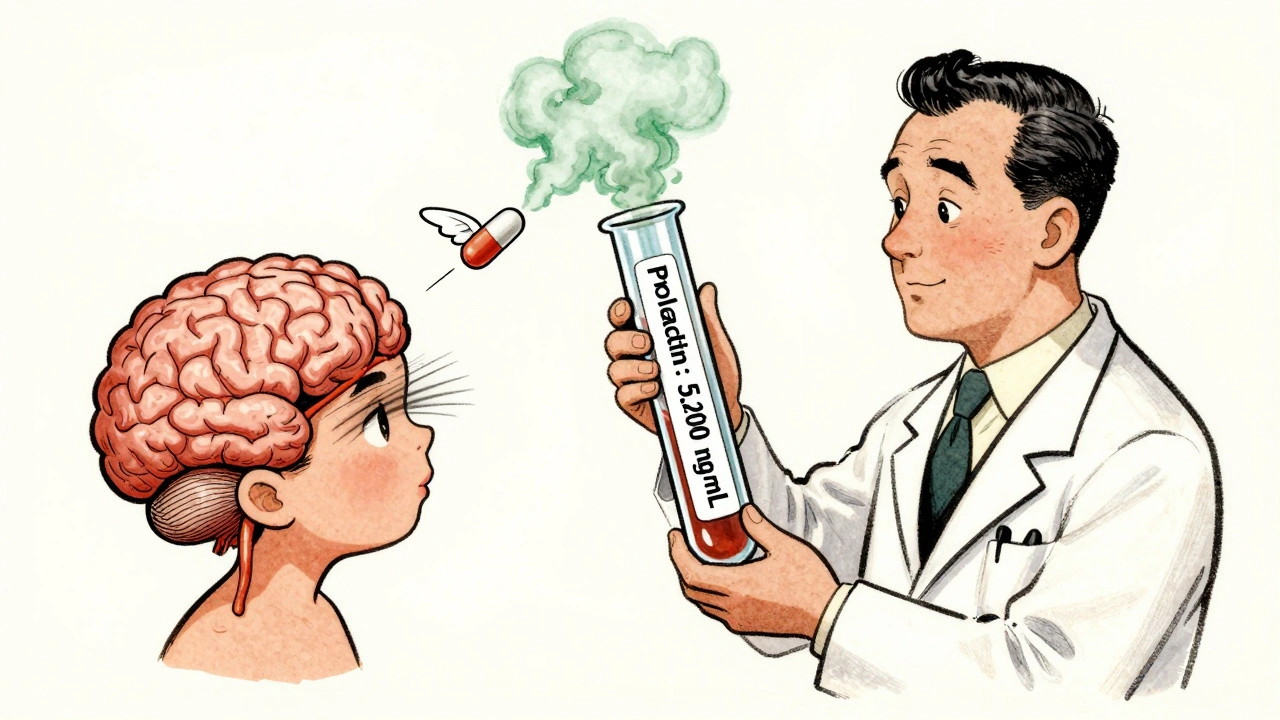 Cartoon doctor holding a giant prolactin test tube as a pill shrinks a brain tumor causing vision loss.