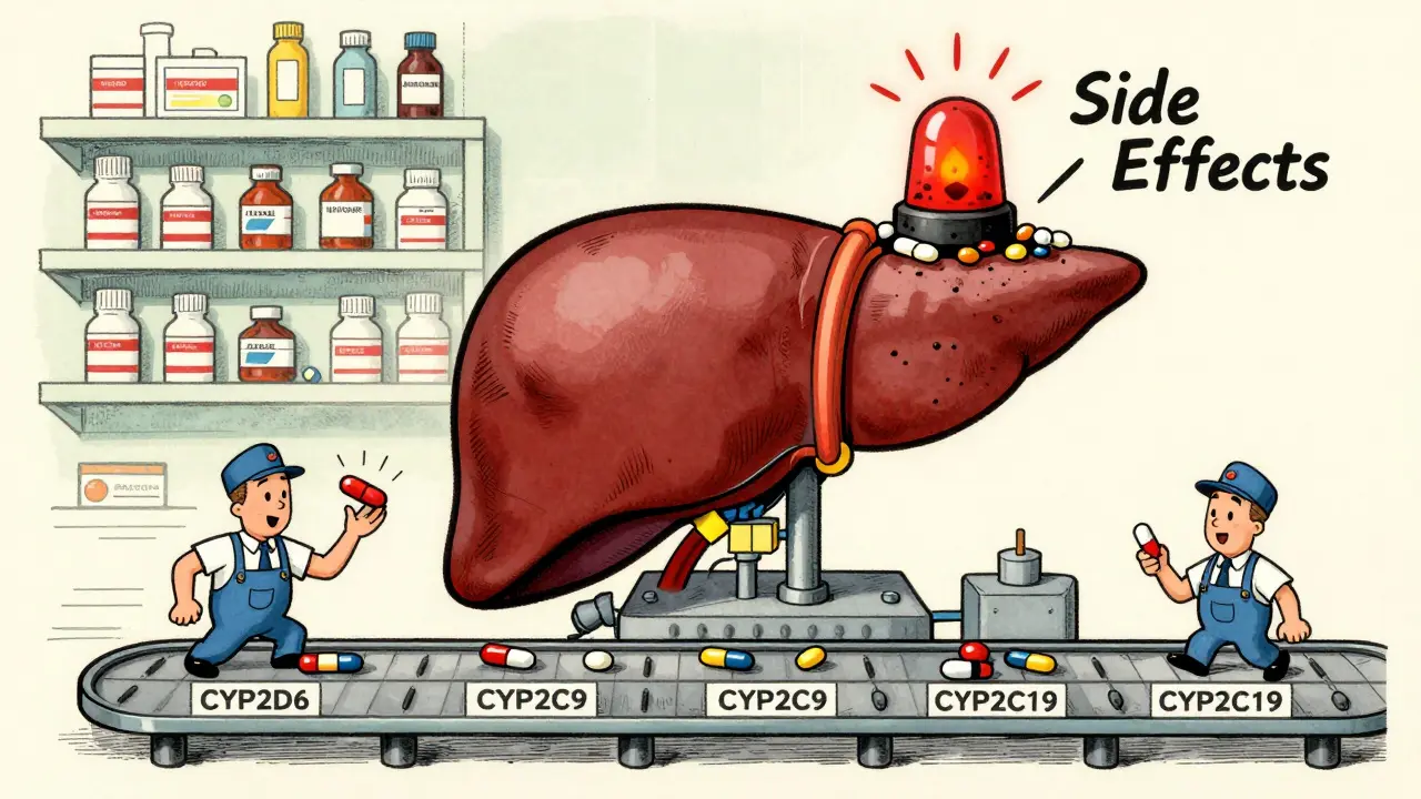 Cartoon liver factory with workers processing pills at different speeds, some causing side effects.